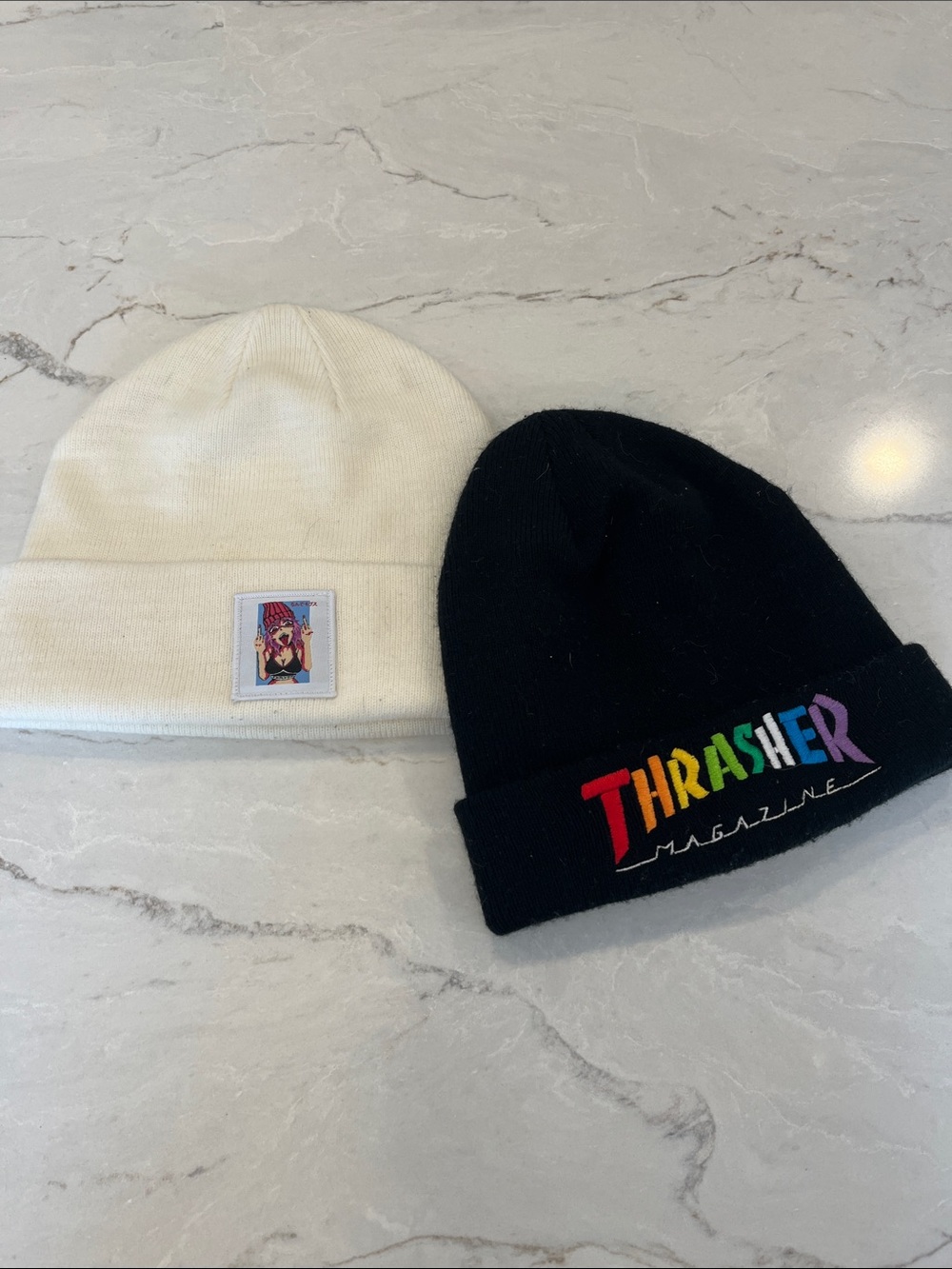 Thrasher Black Rainbow Logo Beanie with Cream Knit Patch Beanie Duo